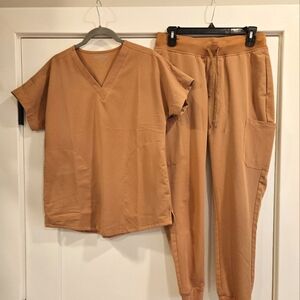 Mandala Ochre Scrub Set with V-Neck Top and Jogger Pants